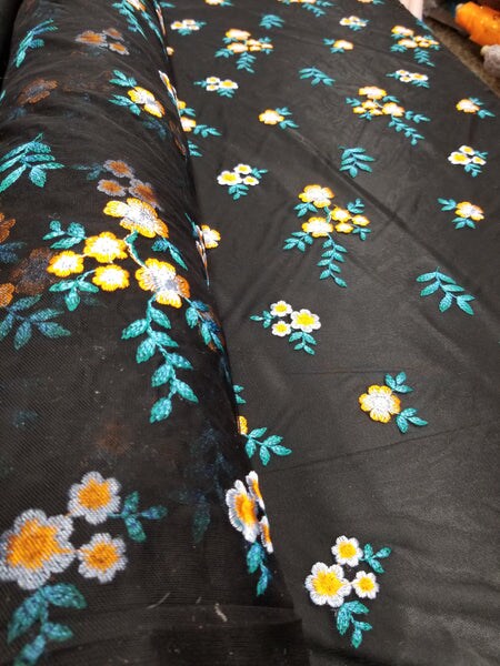 1 Yard Orange Blue Floral Embroidered Black Mesh Lace for Gowns Dresses Decor 50/54 Inch