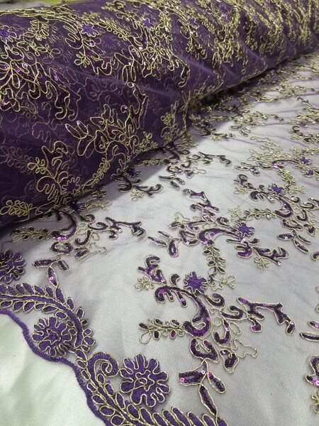 1 Yard Purple Metallic Flowers Sequins Mesh Lace Fabric for Tablecloths and Costumes Wide 54'' inch