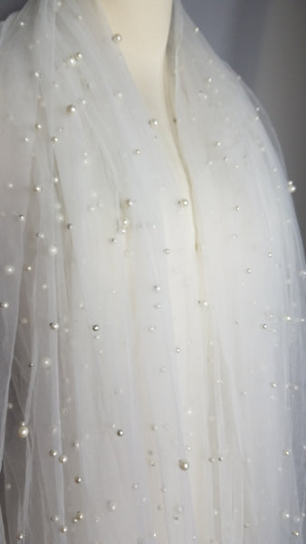 1 Yard White Pearl Mesh Lace Fabric Bridal Wedding Dress Sequin Beaded French Tulle 150 cm