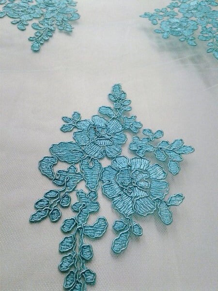 1 Yard Aqua French Floral Mesh Lace Fabric Corded Scallop Bridal Dress 54 Inches Wide