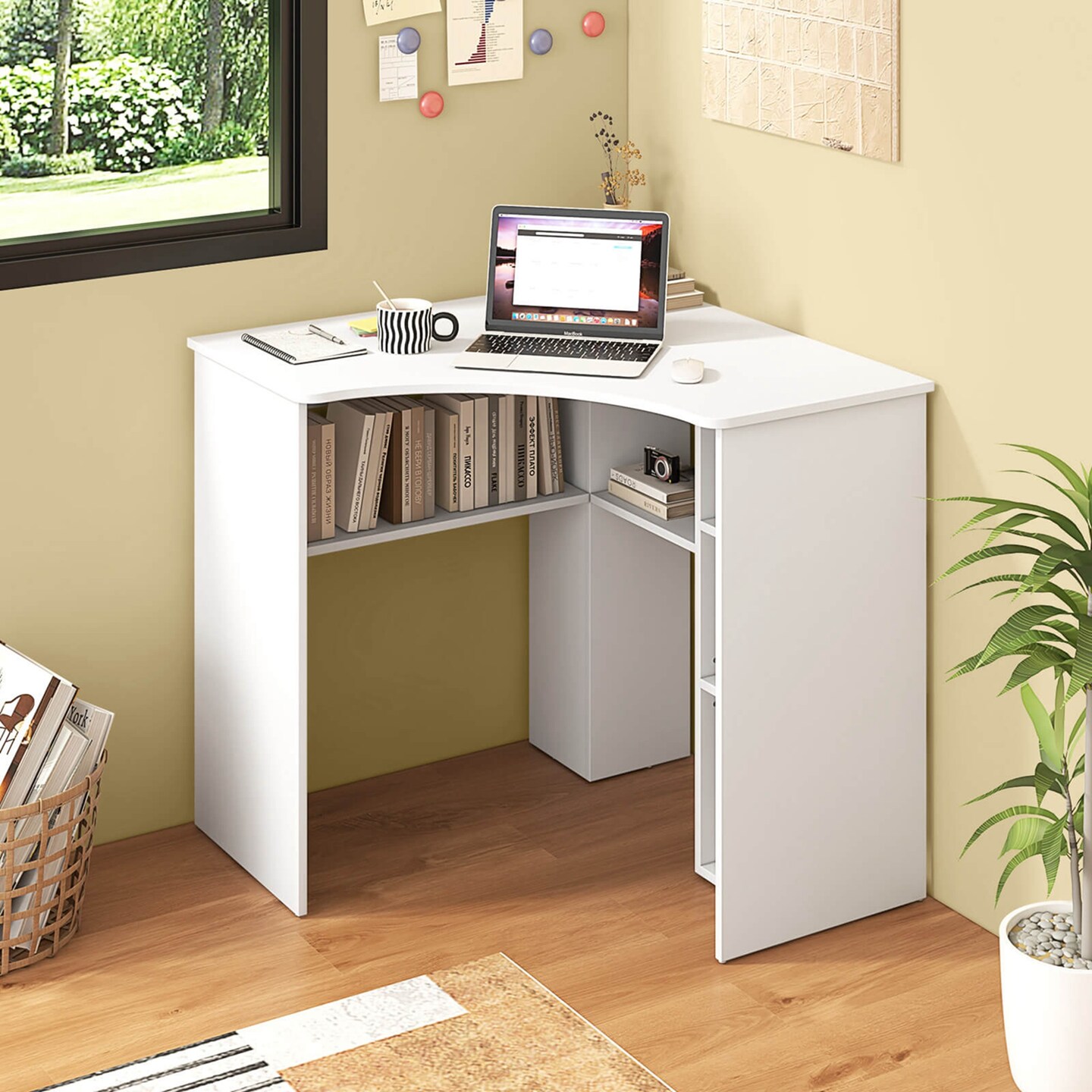 Costway L-Shaped Computer Desk with Storage Shelves Adjustable Shelf for Home Office Natural/White