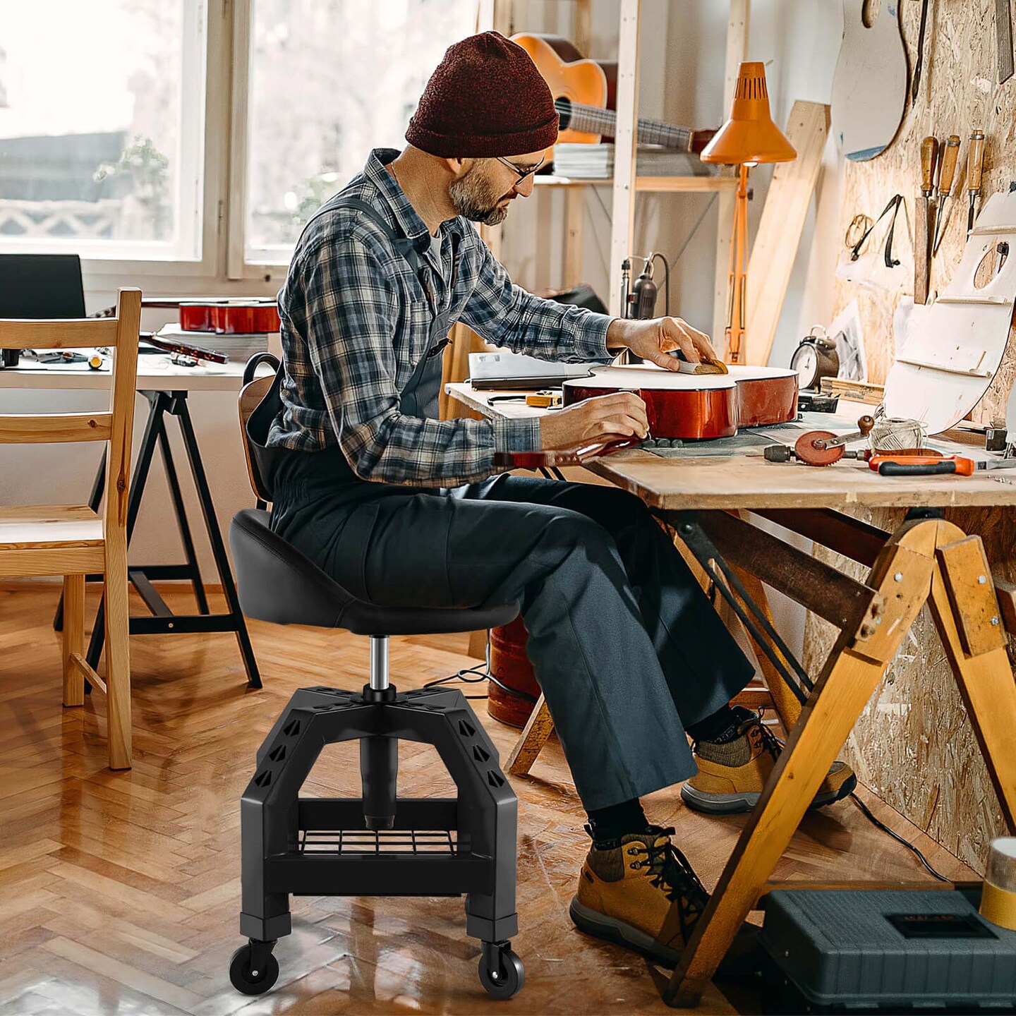 Costway Rolling Seat Mechanic Stool Chair with Tool Tray 4 Universal Wheels for Factory Black/Yellow