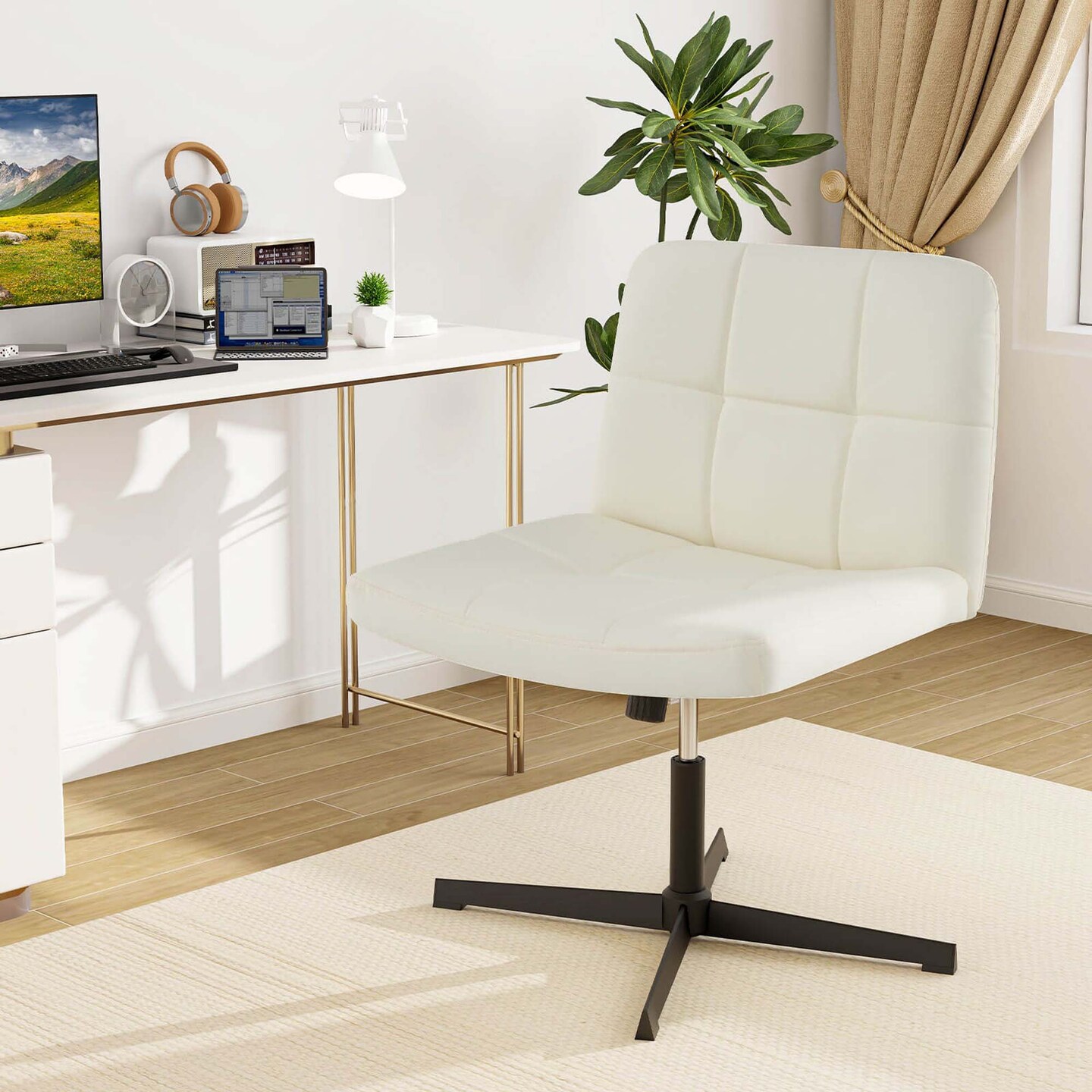Costway Criss Cross Chair Cross-legged Office Chair with Oversized U-shaped Seat No Wheels Beige/Brown/Gray