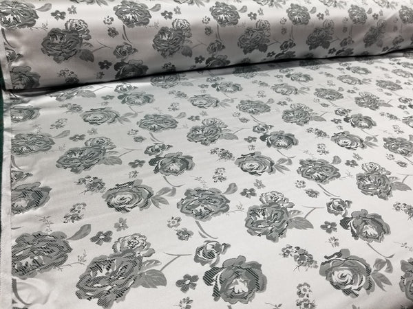1 Yard Charcoal &#x26; Silver Floral Satin Jacquard Brocade Fabric for Jackets Dresses Decor 60 Inch Width