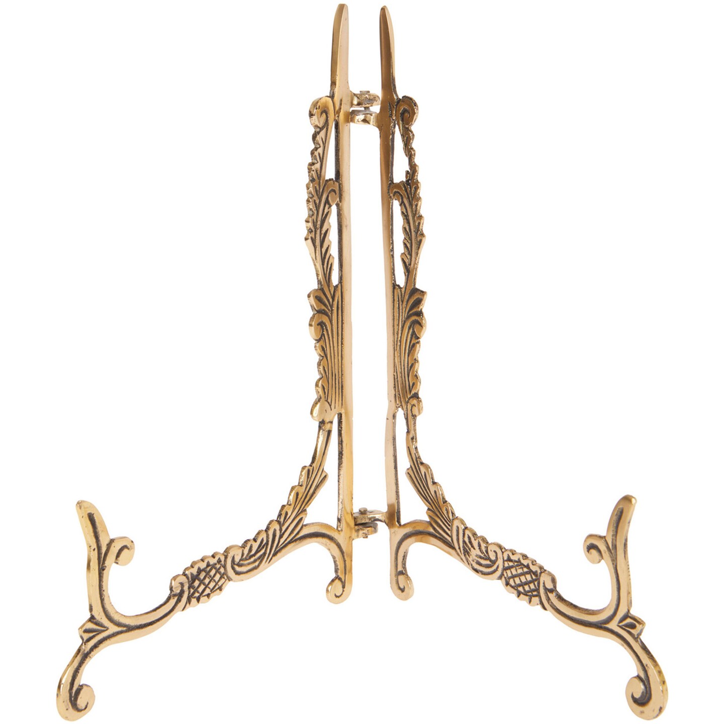 Bard's Ornate Hinged Antique Brass Plate Stand, 9.5" H x 8" W x 7" D (For 6" - 12" Plates)
