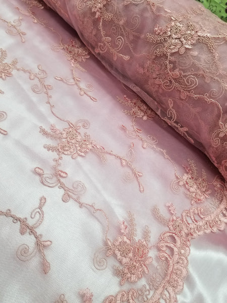 1 Yard Dusty Rose French Floral Mesh Lace Fabric for Bridal Dresses and Decor 50/54 Inch Width