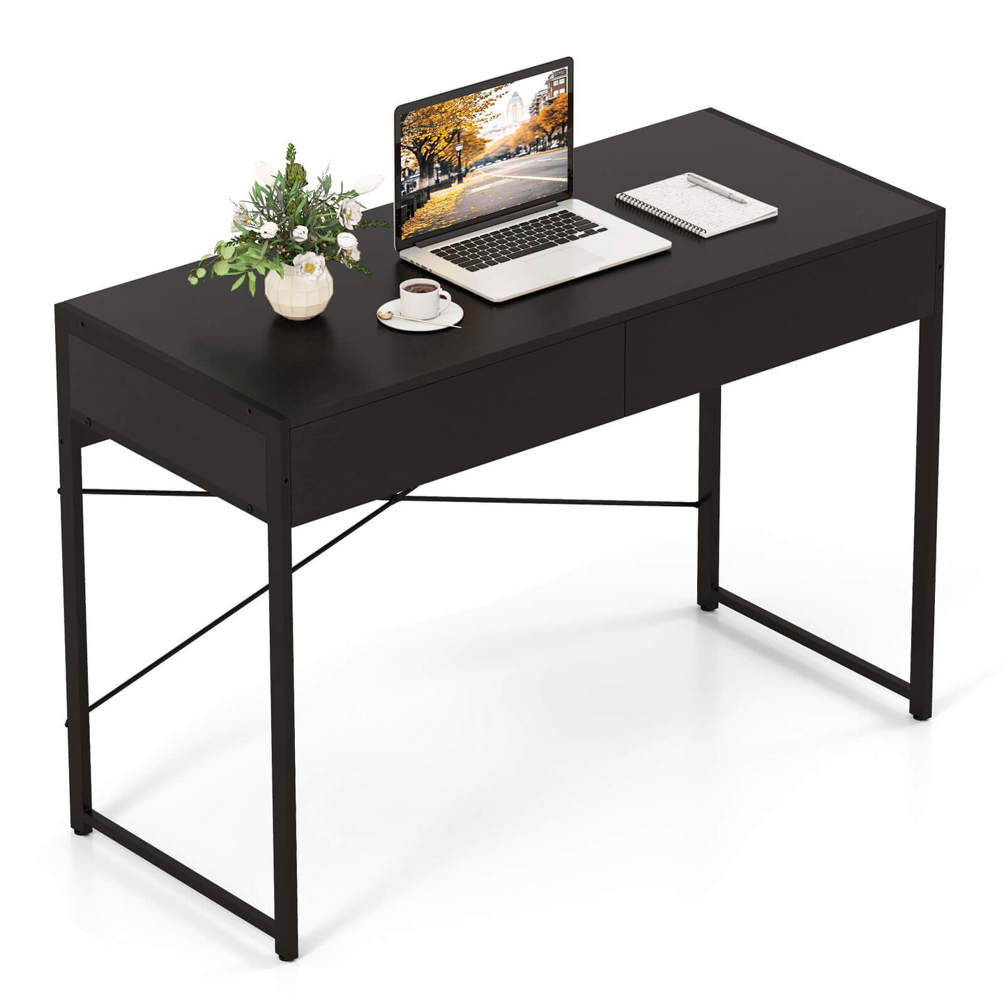 Costway Computer Desk Metal Frame Study Table Home Office Workstation w/2 Drawers