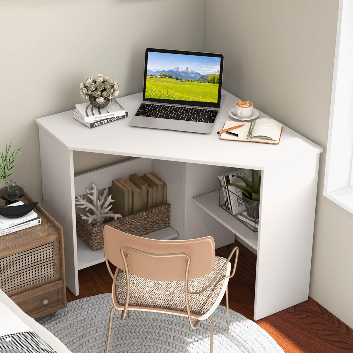 Costway Corner Computer Desk Triangle Writing Workstation w/ Storage Shelf White\Black