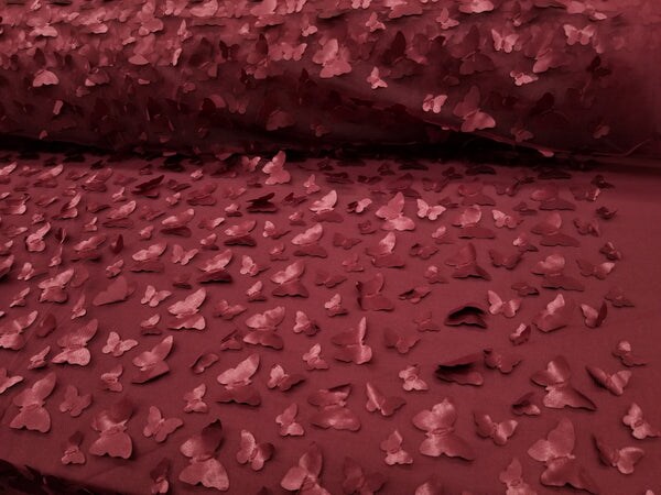 1 Yard 3D Butterfly Embroidered Burgundy Mesh Lace Fabric for Dresses and Crafts