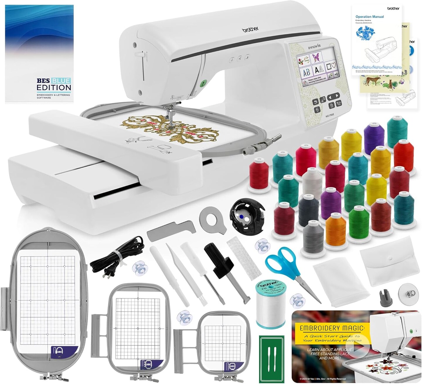 Brother NQ1700E Embroidery Machine, 6&#x22; x 10&#x22; Field Size, Cuts Jump Stitches, Wireless, Includes BES Lettering Software + Brother SA438 4&#x22; x 4&#x22; Hoop + 24 Spools of Jewel Thread + Embroidery Magic Video