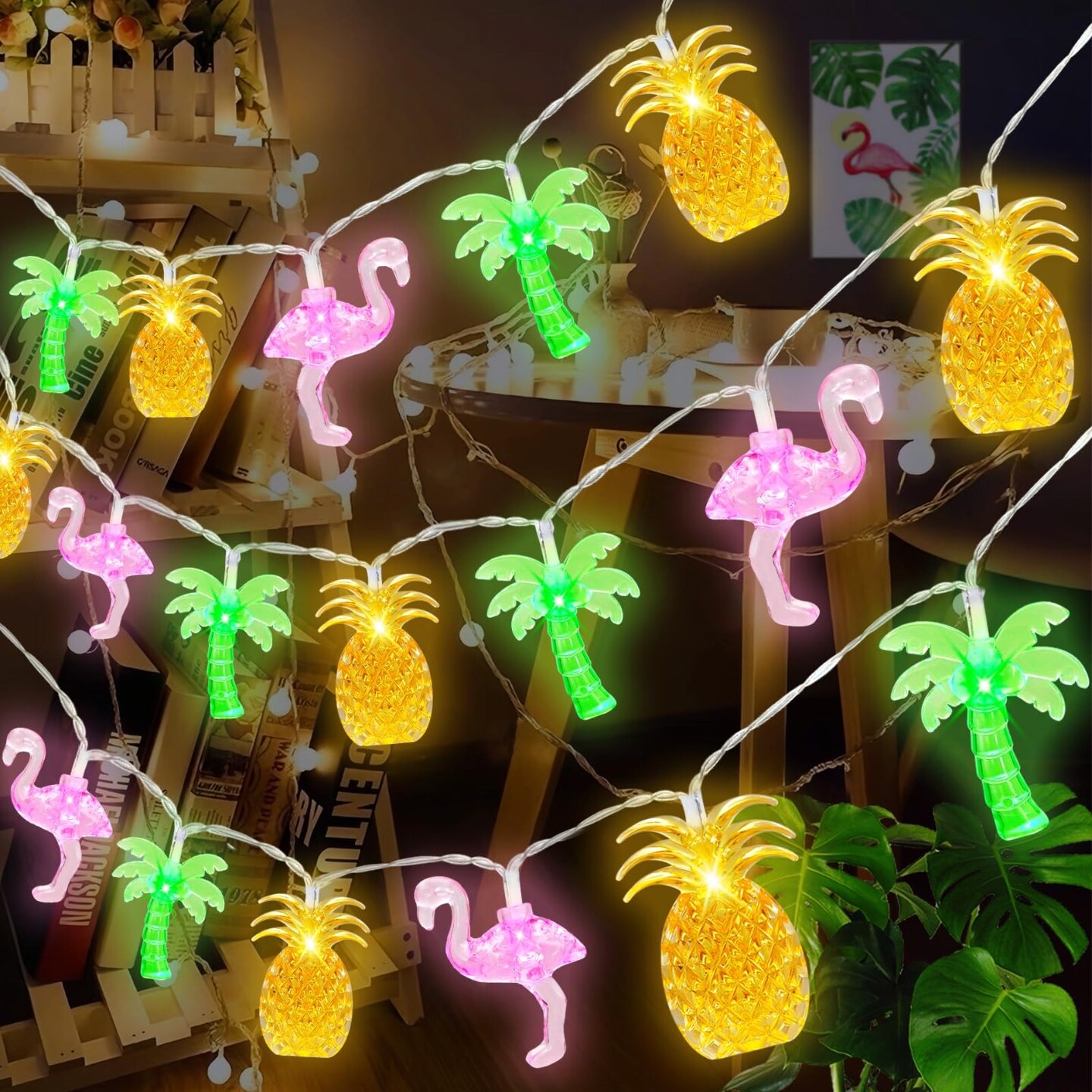 Couah 30 LED 16Ft Summer Beach Hawaiian String Lights - 8 Modes & Timer - Flamingo Pineapple Palm Tree Fairy Lights - Battery Operated for Tropical Party Pool Decorations