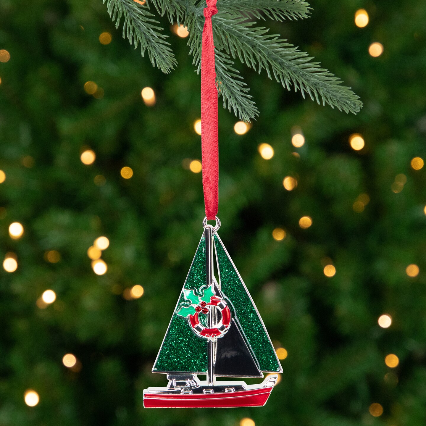 Northlight Sailboat with Holly Life Preserver Christmas Ornament - 3.25&#x22;