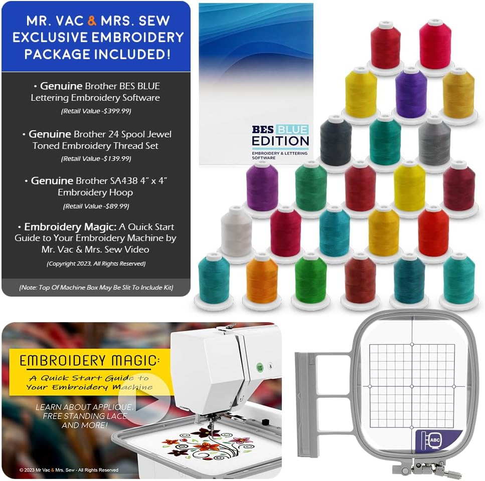 Brother NQ1700E Embroidery Machine, 6&#x22; x 10&#x22; Field Size, Cuts Jump Stitches, Wireless, Includes BES Lettering Software + Brother SA438 4&#x22; x 4&#x22; Hoop + 24 Spools of Jewel Thread + Embroidery Magic Video