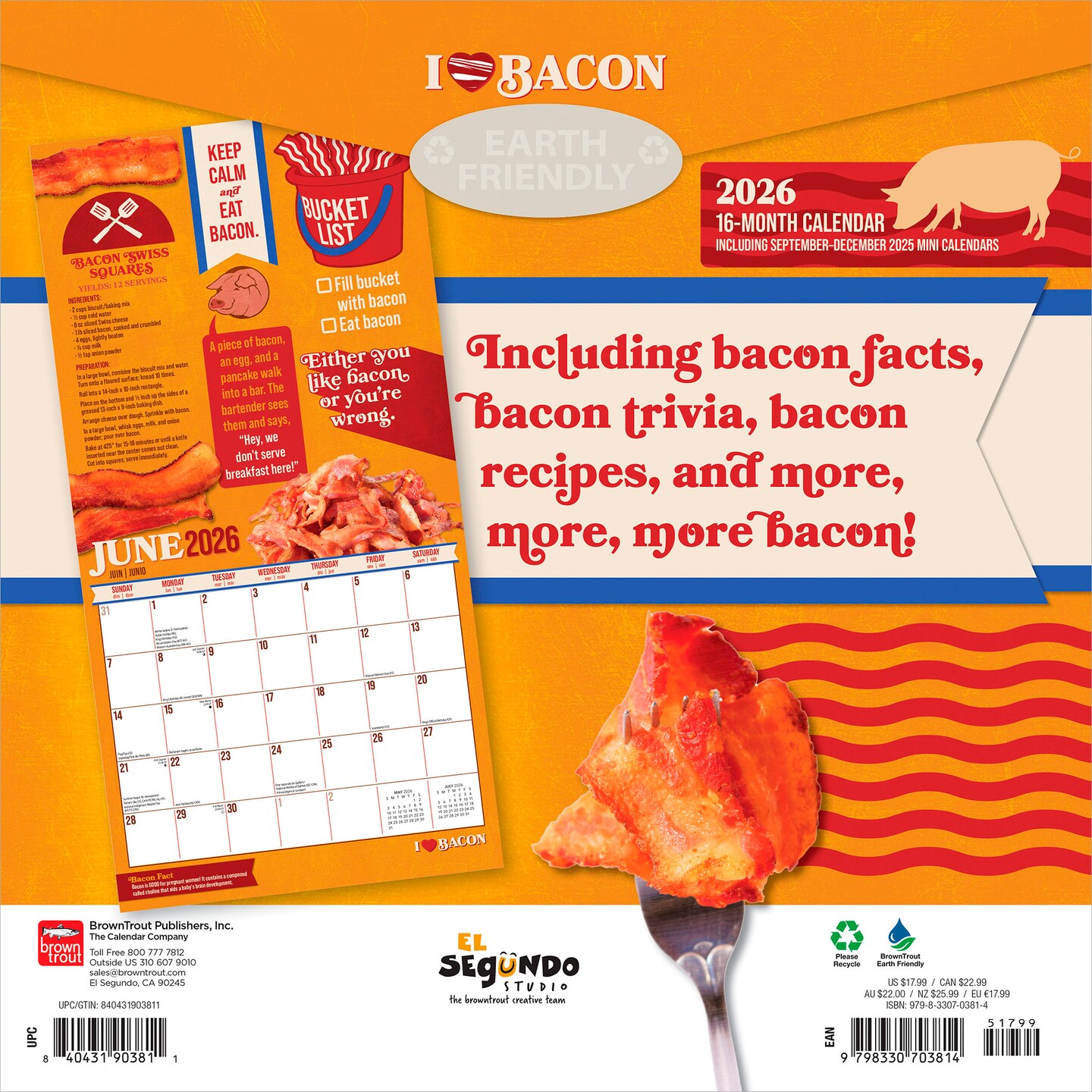 I Love Bacon | 2026 12 x 24 Inch (Hanging) Monthly Square Wall Calendar | Plastic-Free