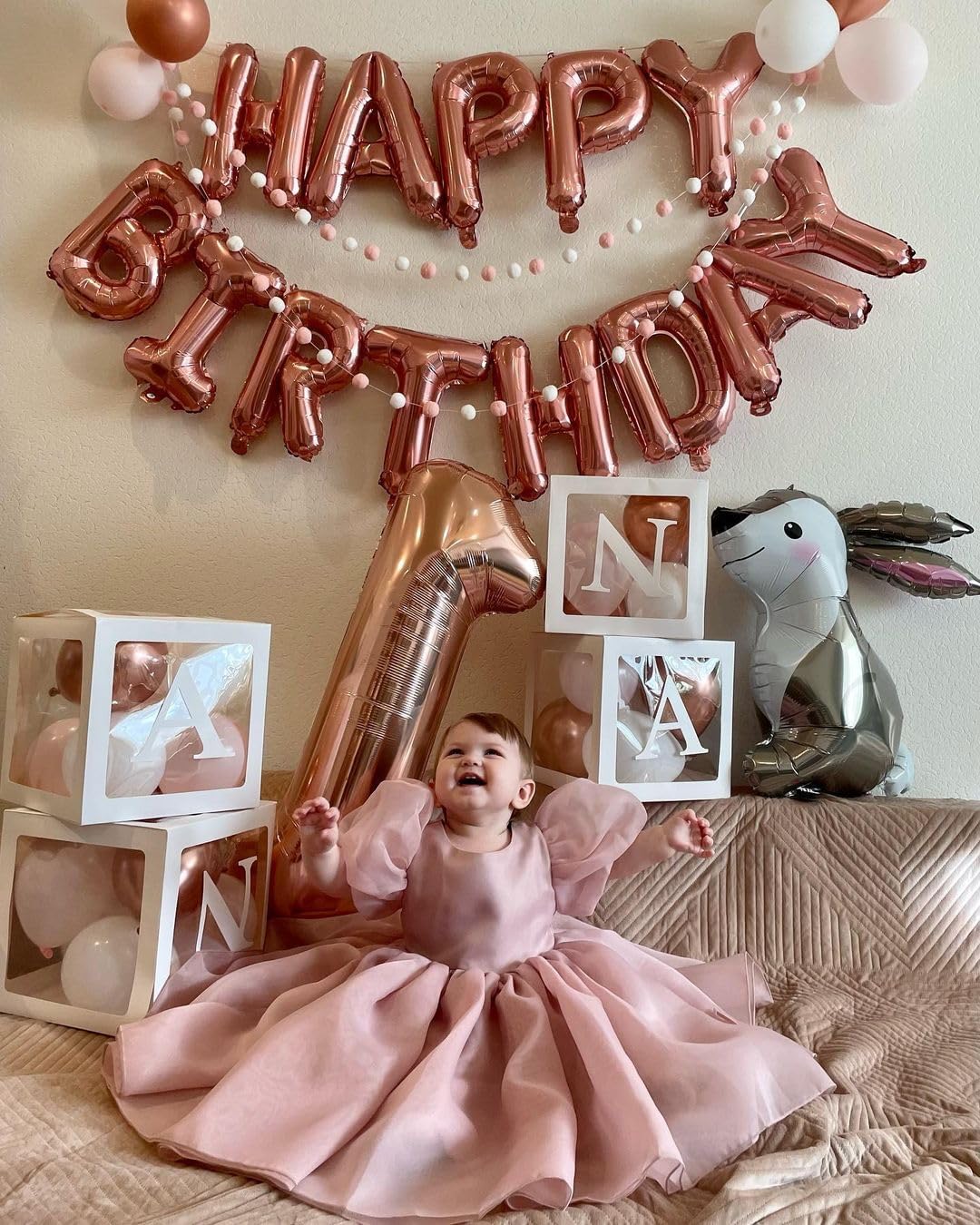 Rose Gold Happy Birthday Balloon Banner – 16 Inch Foil Mylar Letters, Reusable Birthday Sign, Party Decorations for Women and Girls (Rosegold)