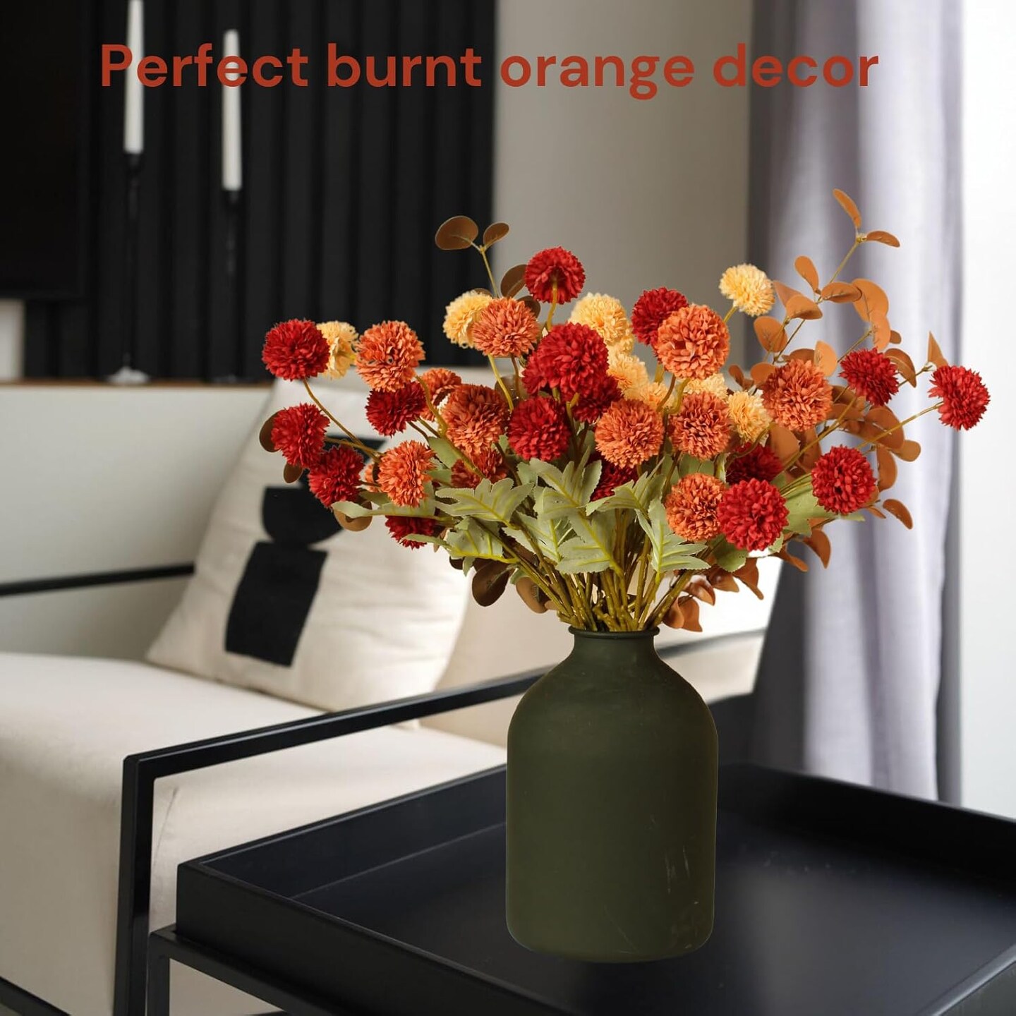 Fall Artificial Flowers Burnt Orange Kiku Eucalyptus Stems Faux Mums Floral Centerpiece Vase Arrangement Autumn Home Table Decor Bulk Bouquet