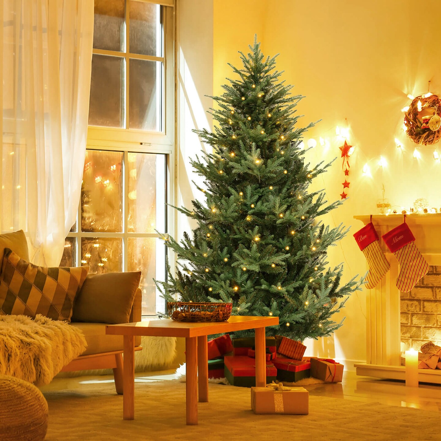 Costway 6/7/8 FT Artificial Xmas Tree with 778 PVC PE Branch Tips 240 Warm White LED Lights