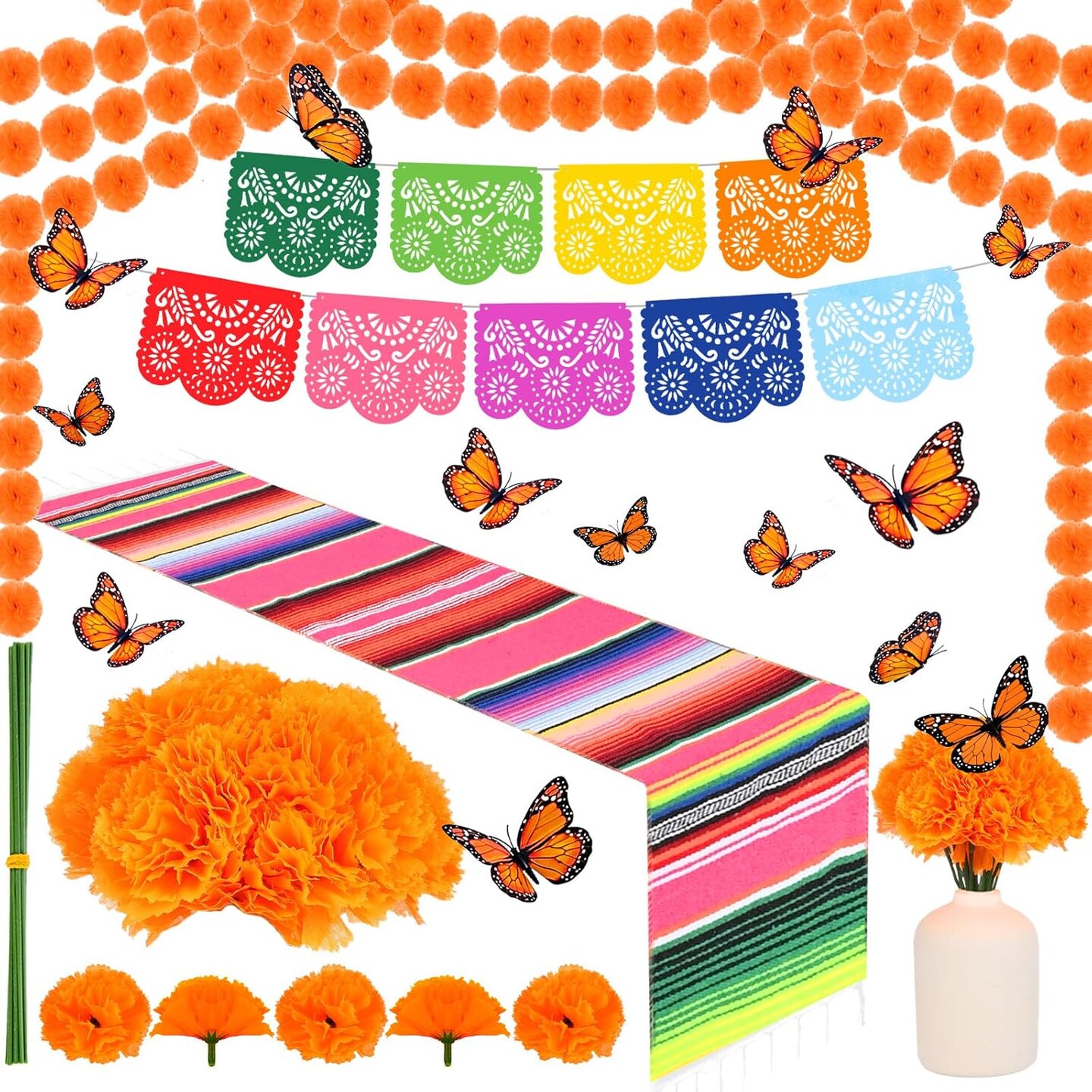 65 Pcs Day of The Dead Decorations, Dia De Los Muertos Decor 50 Artificial Flowers,1 Marigold Garland,1 Mexican Party Banner,1 Table Runner,12 Monarch Butterflies Altar Decor for Diwali Party