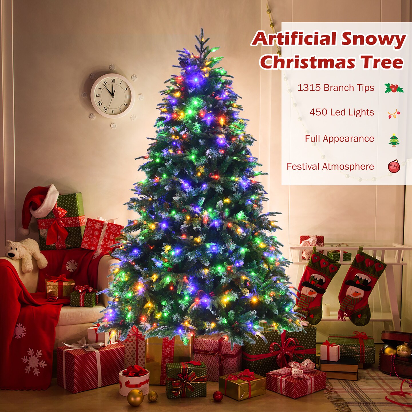 7ft Pre-Lit Snowy Christmas Hinged Tree 11 Flash Modes w/ 450 Multi-Color Lights