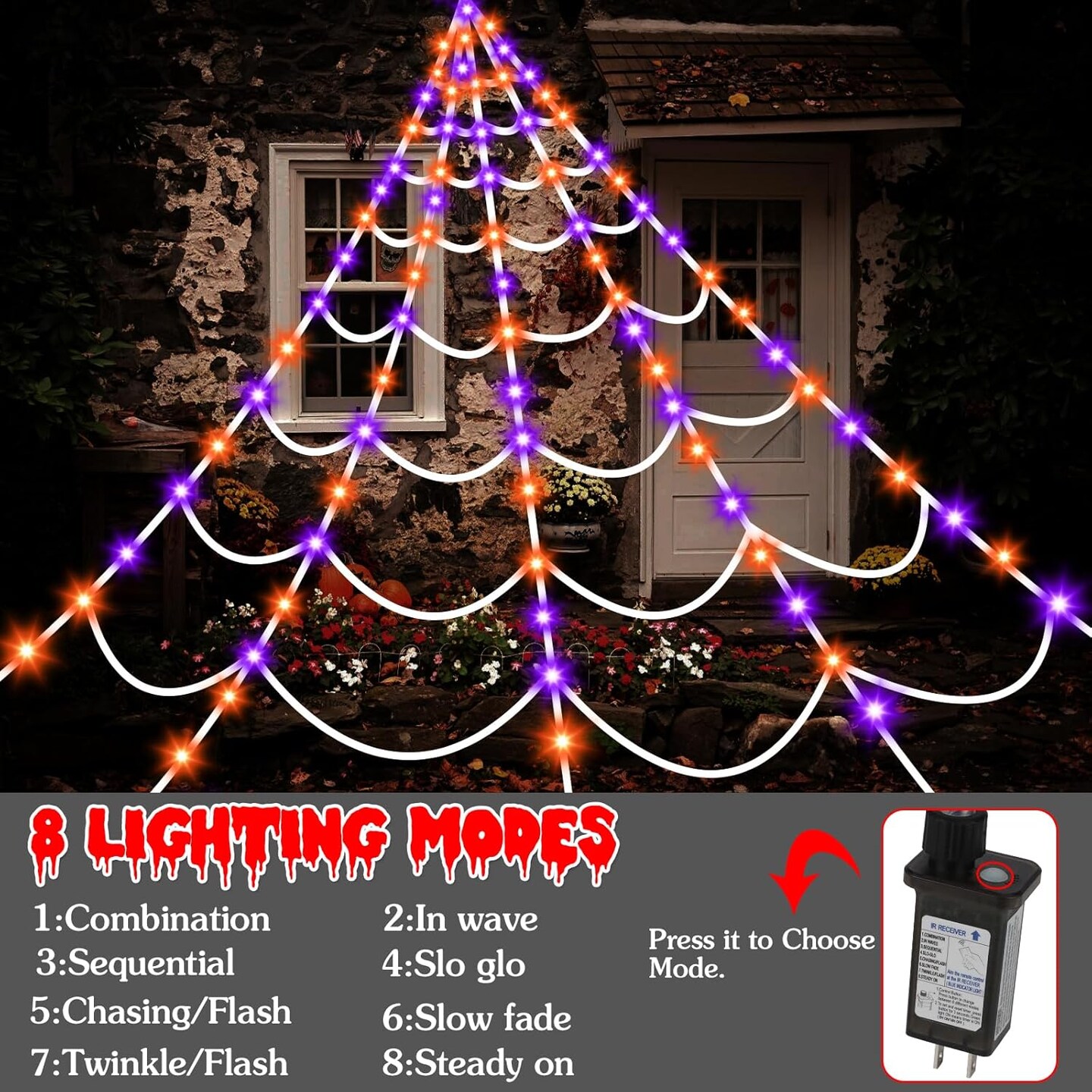 Halloween Decorations Spider Webs Lights: 150 Purple &#x26; Orange LED Halloween Lights Decor Outdoor, 17.4Ft Giant Spiderweb with 8 Lighting Modes Waterproof &#x26; Timer, Halloween Yard Decorations Outside