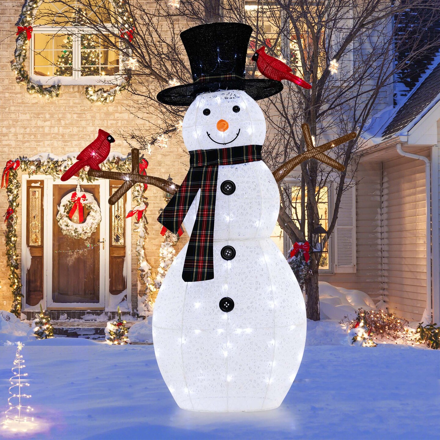 Costway 4.2 FT Pre-Lit Snowman & Redbirds Christmas Decoration with LED Lights Holiday