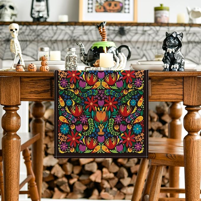 Dia De Los Muertos Floral Fiesta Mexican Table Runner, Mexico Day of The Dead Kitchen Dining Table Decoration for Home Party Decor 13x72 Inch