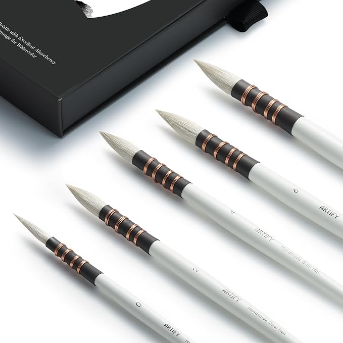 ARTIFY 5PCS Professional Natural Goat Hair Quill Watercolor Brushes | Mop Round Fine Tip Detail Watercolor Paint Brush Set | Ideal for Watercolor and Gouache Painting | Sizes #0, 2, 4, 6, 8