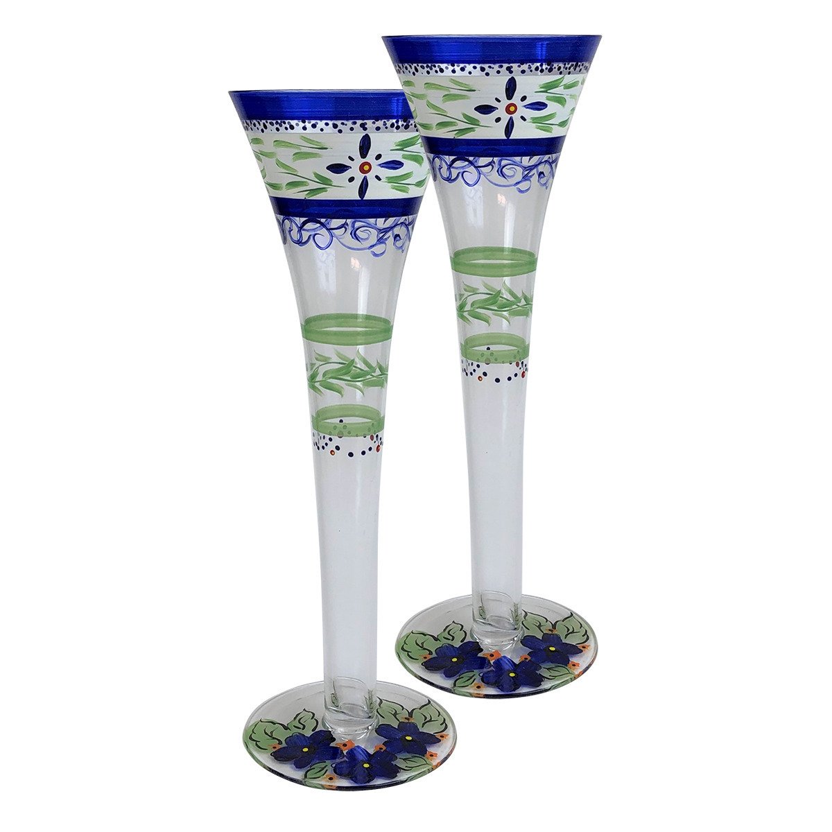 Barcelona Blue Hollow Flute Set Of 2 Hand Painted Glassware