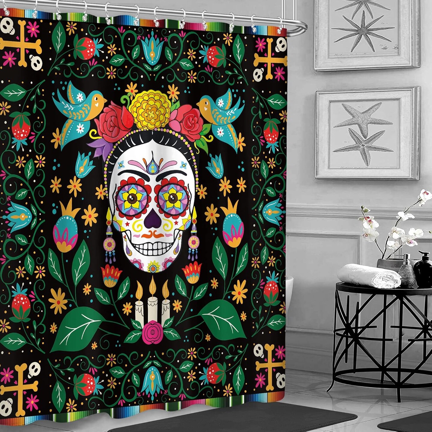 Sugar Skull Shower Curtain Mexican Floral Skeleton