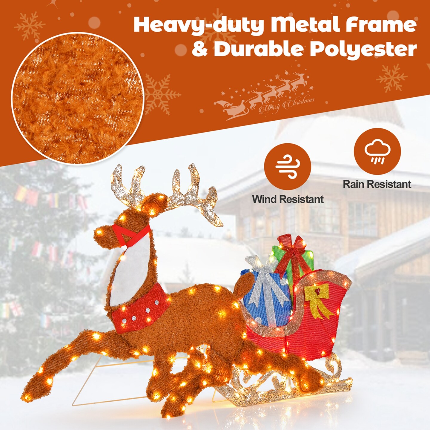 Costway Lighted 2D Christmas Reindeer and Sleigh Decoration Pre-Lit Glittered Decoration