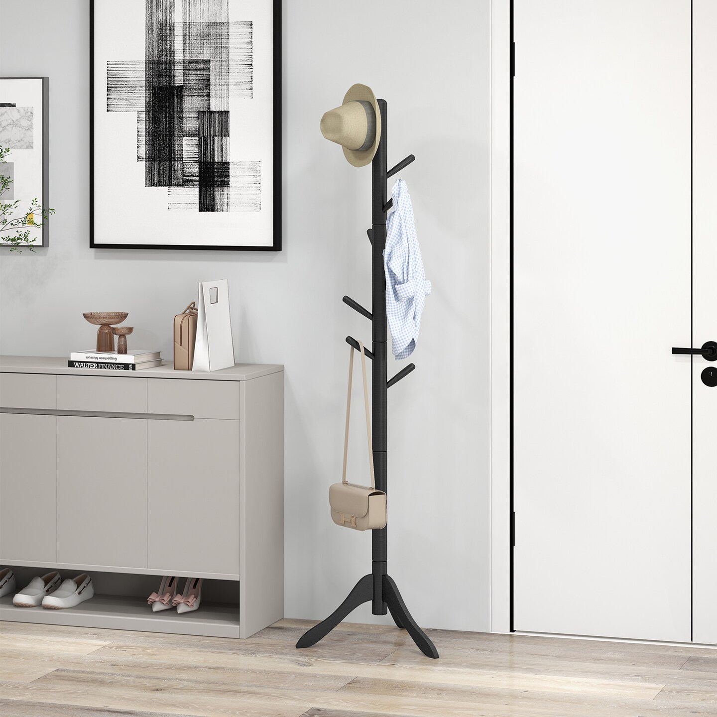 Adjustable Wooden Tree Coat Rack with 8 Hooks