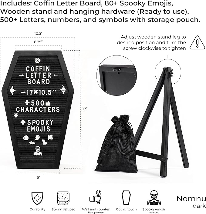 Coffin Letter Board Black With Spooky and All Seasons Emojis +500 Characters, and Wooden Stand - 17x10.5 Inches - Halloween Decorations Gothic Decor Spooky Gifts
