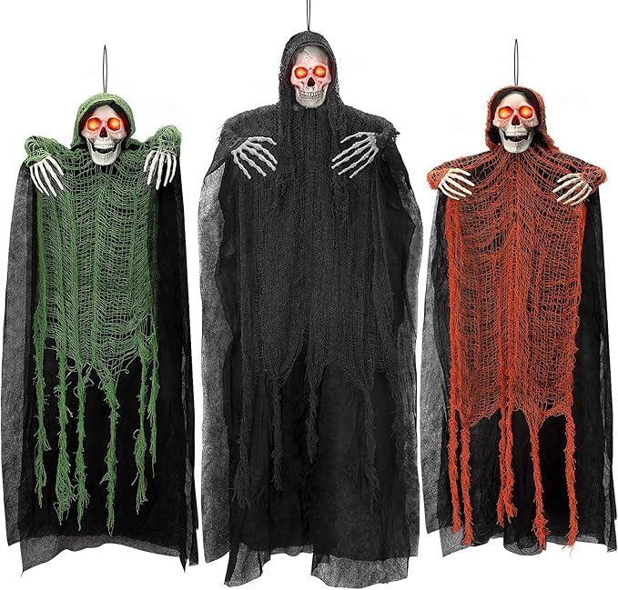 3 Pack Halloween Hanging Grim Reapers Decorations, Large Skeleton Flying Ghosts with LED Lights for Halloween Decor Outdoor Indoor, Halloween Party D&#xE9;cor for Yard Patio Haunted House Prop(59&#x22;, 35&#x22;)