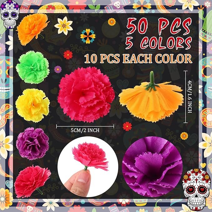 50 Pieces Marigold Flower Heads and 12 Monarch Butterfly for Dia De Los Muertos Decorations Diwali Indian Home DIY Wreath Garland Craft Halloween Day of The Dead Decorations(Multicolor)