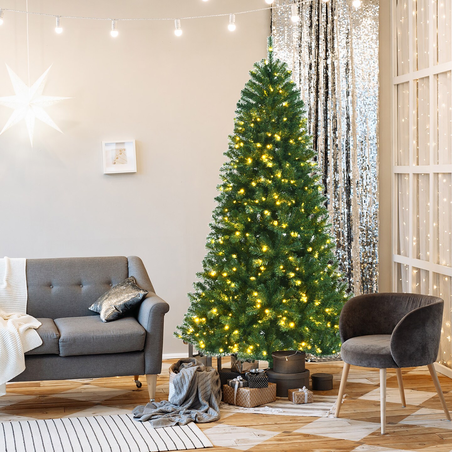 Costway 7ft Pre-lit Hinged Christmas Tree w/ Remote Control &#x26; 9 Lighting Modes