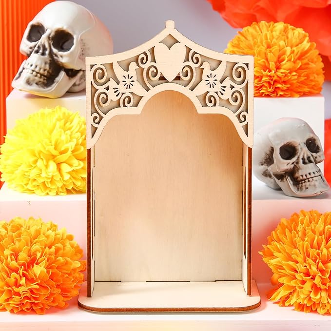 1 Pcs Large Dia De Los Muertos Altar Ofrenda Box, Poplar Plywood Self Painting Color Sacred Heart and Pigeon Papel Picado The Day of The Dead Supplies for Dia De Los Muertos Decorations