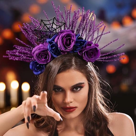 Halloween Halo Floral Crown Headband Sequins Flower Day of the Dead Crown Spiders Festival Halloween Costume Headdress for Women and Girls