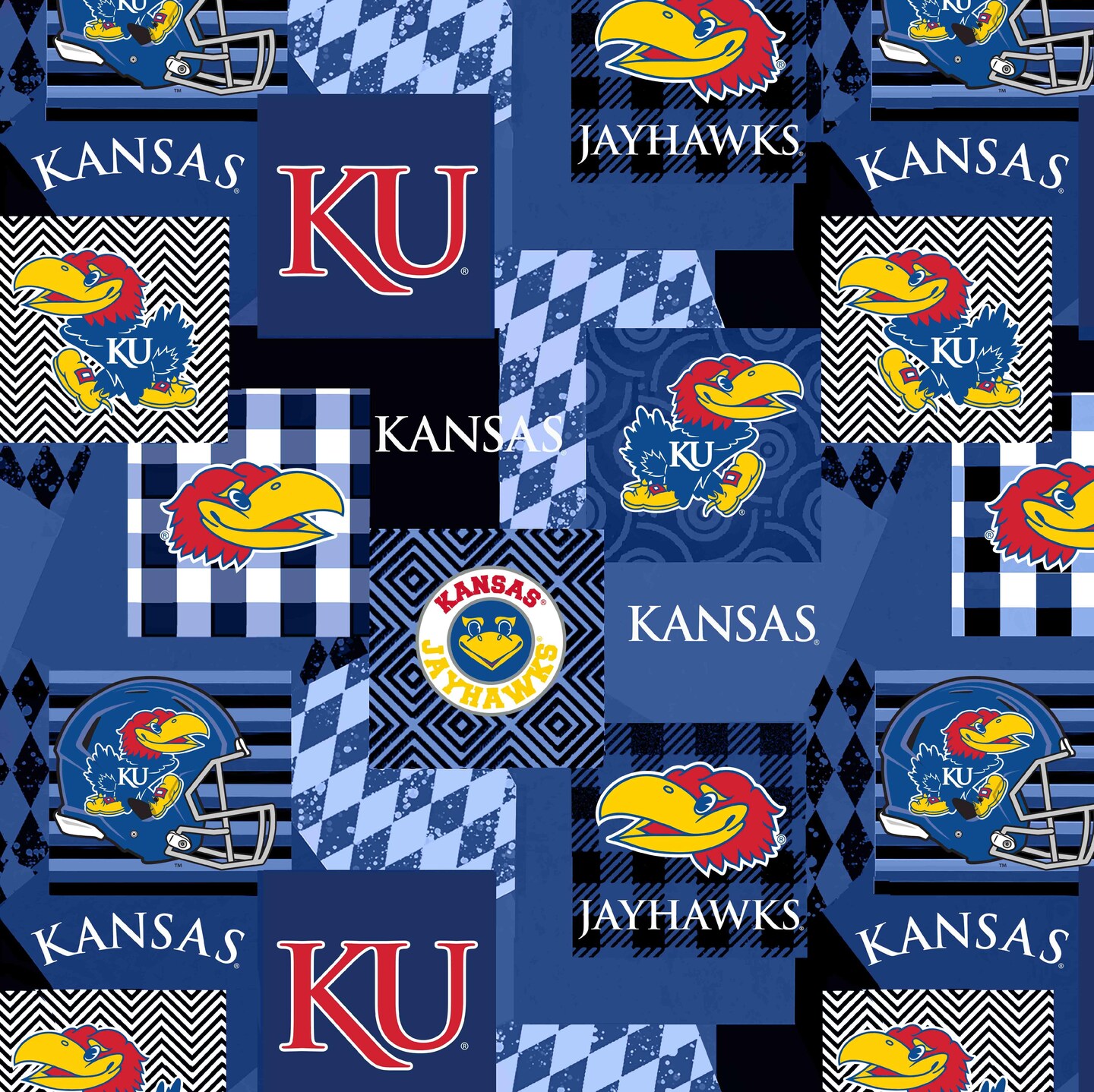 Sykel Enterprises-University of Kansas Minky Fabric with Geometric Design-Kansas Jayhawks Minky Fleece Sold By The Yard