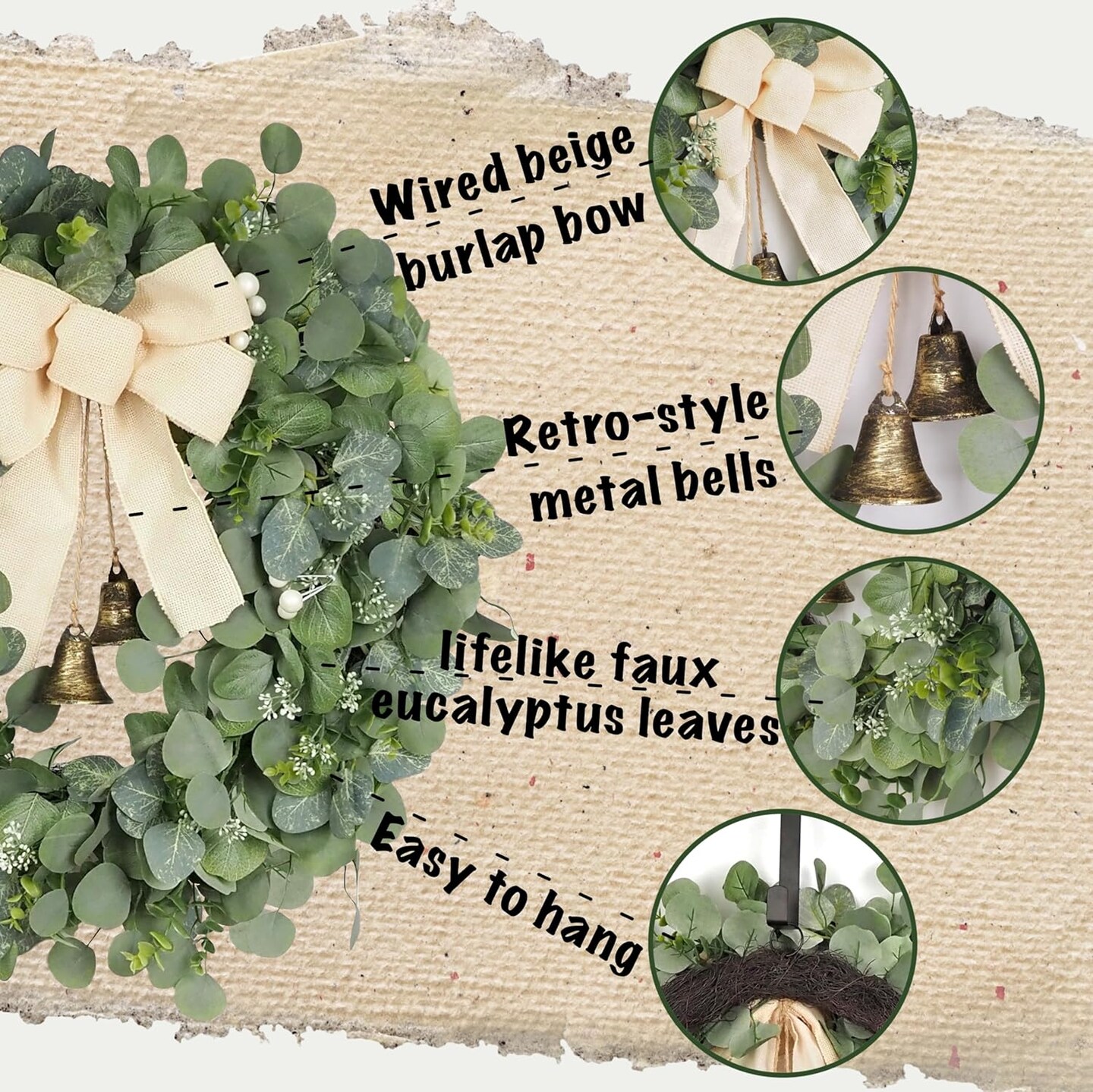 Large Eucalyptus Wreath with Burlap Bow and Metal Bells for Front Door