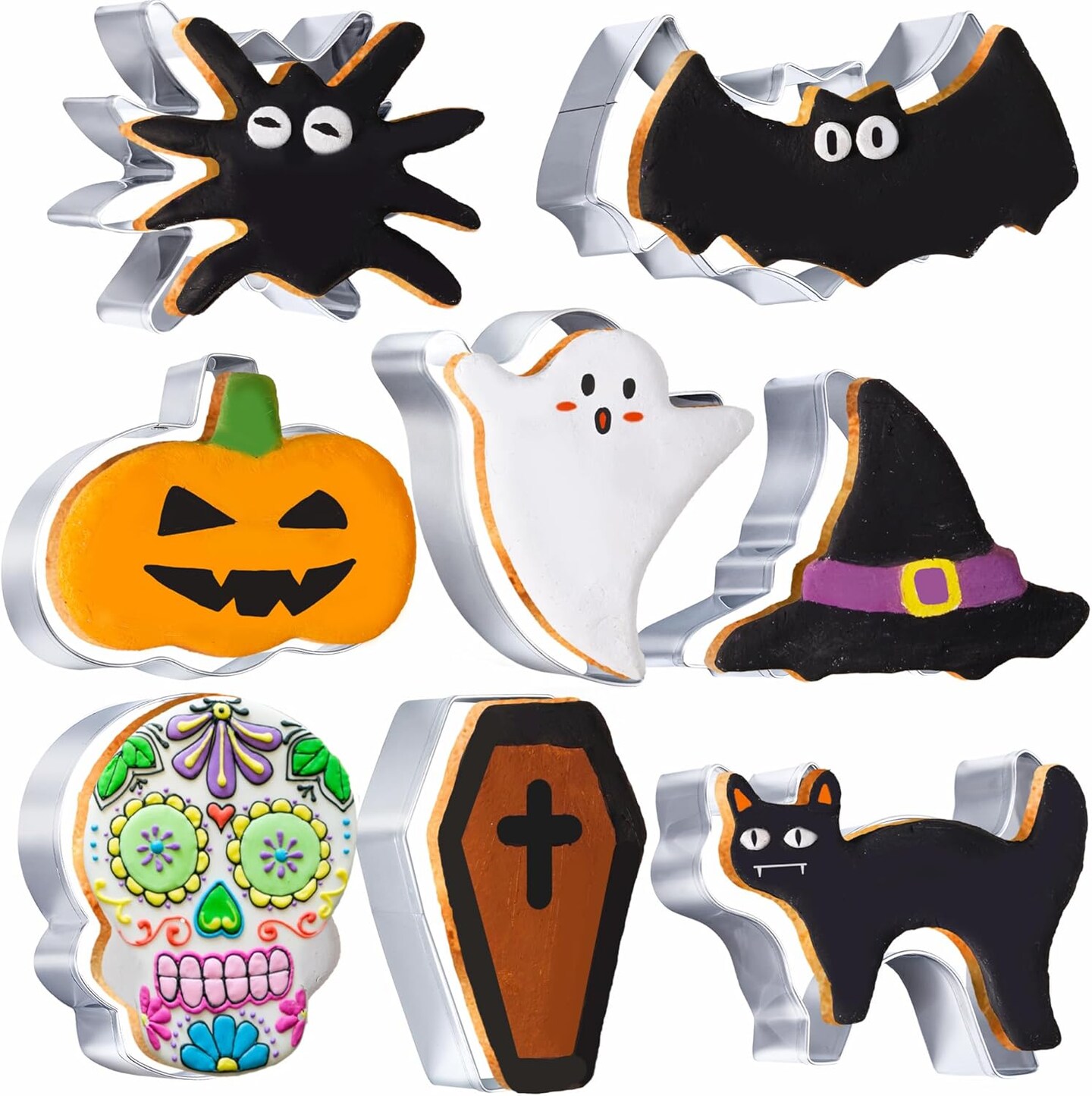 8 PCS Halloween Cookie Cutters Set, Pumpkin Bat Cat Witch Hat Ghosts Skull Coffins Cookie Cutter Biscuit Fondant Cutters for Halloween Cookie Food Party Decorations