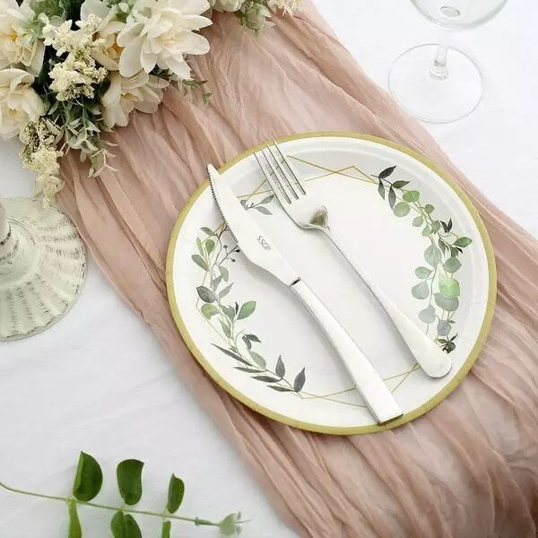 24 White 9" Round Paper Plates Eucalyptus Geometric Gold Rim Design Party Events