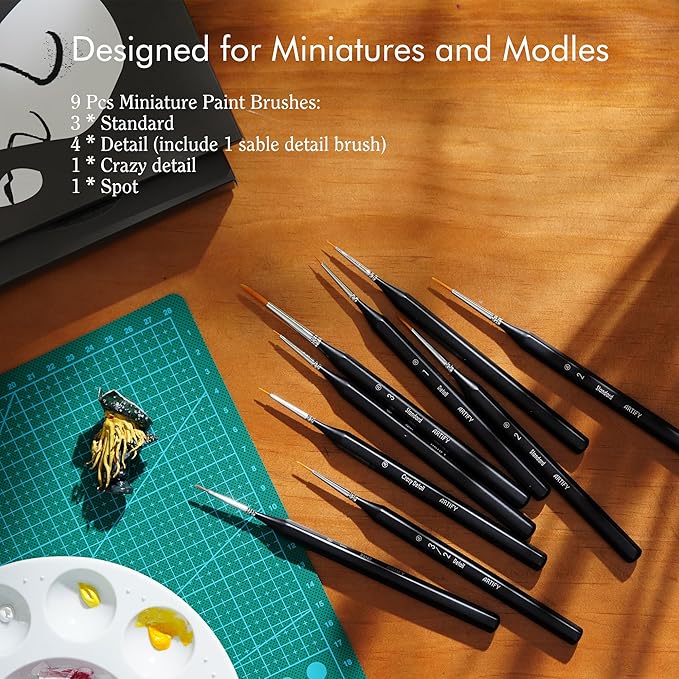 ARTIFY Miniature Detail Paint Brush Set: 9-Piece Round Small Model Paintbrushes, Thin Mini Tiny Micro Paint Brushes for Miniature Painting
