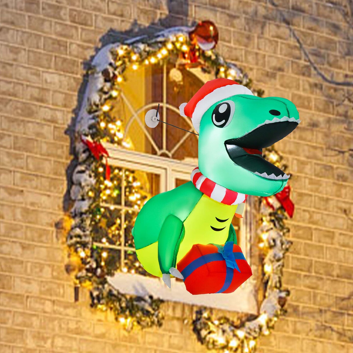Costway 3.3&#x27; Christmas Inflatable Dinosaur Broke Out from Window Hanging Window Dinosaur
