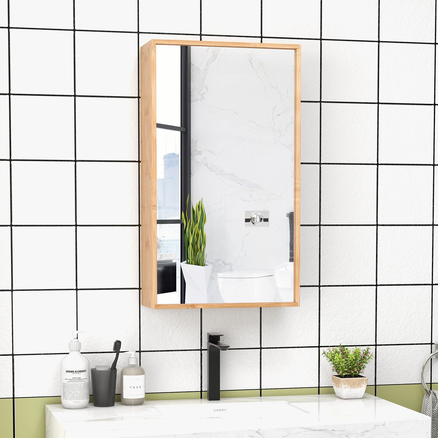 Wicker Bathroom Wall Cabinet with Mirror and 2 Adjustable Shelves