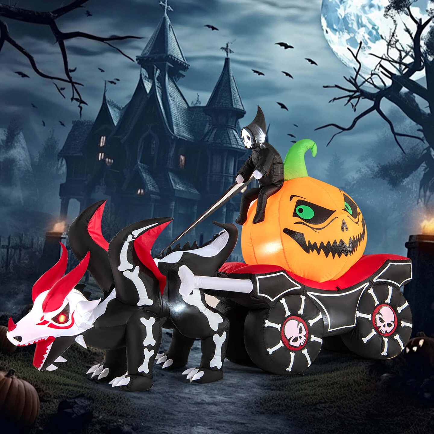 Costway 9 FT Long Halloween Inflatable Decoration Grim Reaper Driving Pumpkin Carriage