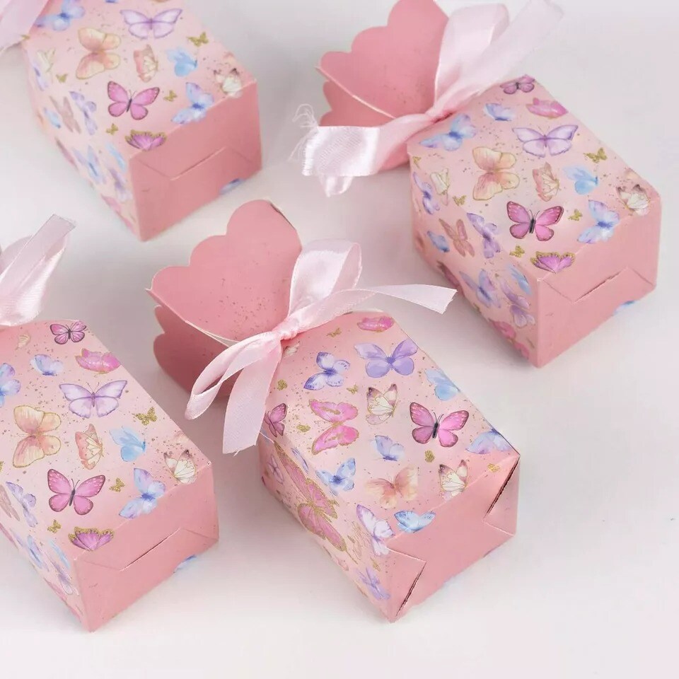 25 Pink Floral Top Party Favor Boxes Butterfly Print Events Decorations Supplies