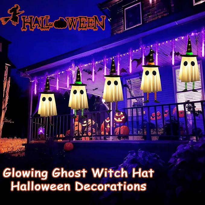 Set of 3 Halloween Hanging Ghosts, Halloween Decorations Outdoor Hanging Ghosts with Witch Hat,Glowing Ghost Witch Hat Lights, Halloween Ghost Decor for Yard Patio Garden Tree Outside(3 Ghost Lighted)