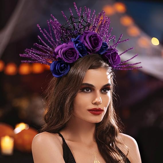 Halloween Halo Floral Crown Headband Sequins Flower Day of the Dead Crown Spiders Festival Halloween Costume Headdress for Women and Girls