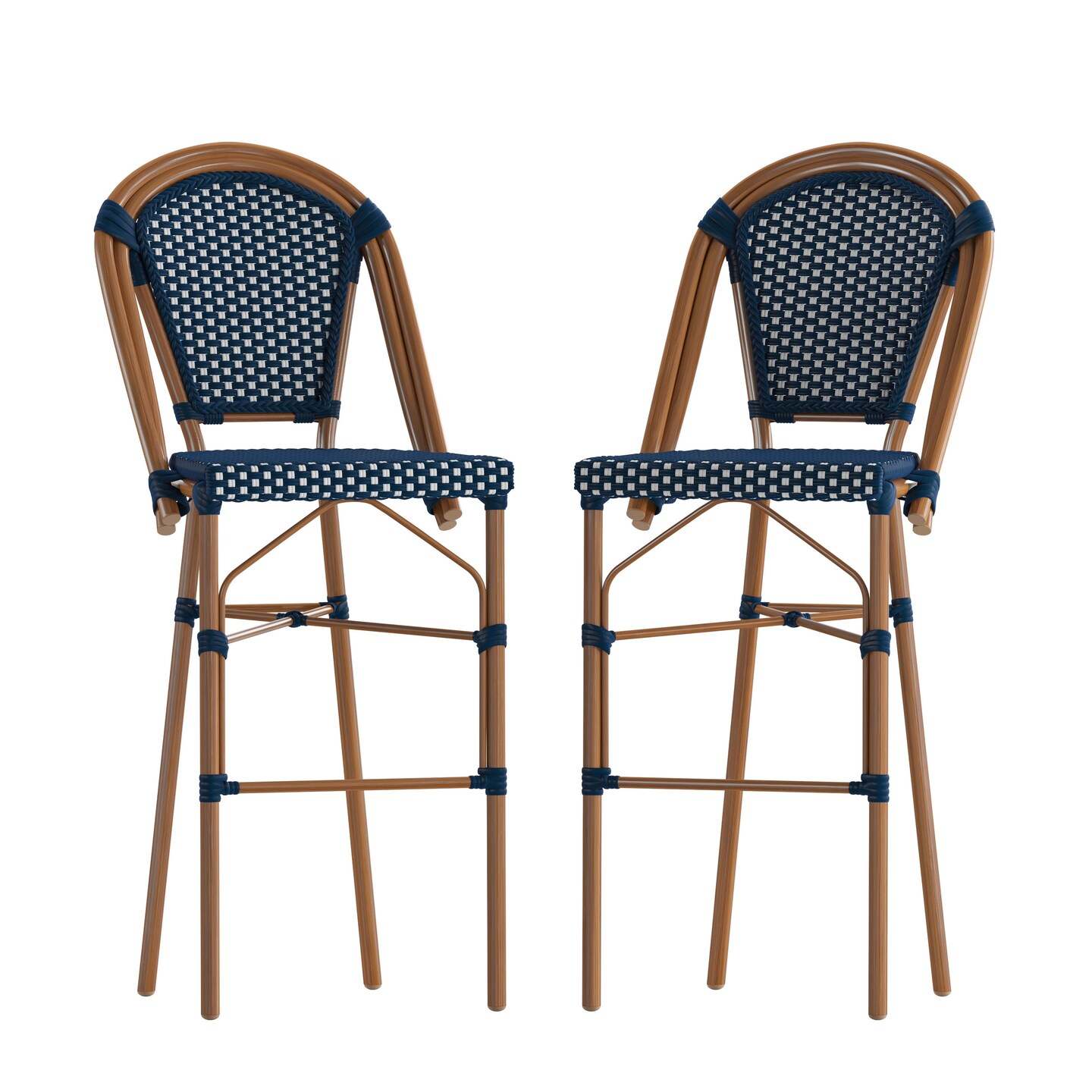 Merrick Lane Sacha Set of Two Stacking Bistro Bar Stools with PE Seats and Backs and Metal Frames for Indoor/Outdoor Use