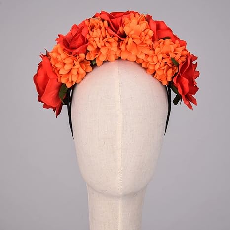 Boho Flower Crown Day of The Dead Floral Headband Festival Cosplay Hair Accessories (style 2 red orange)